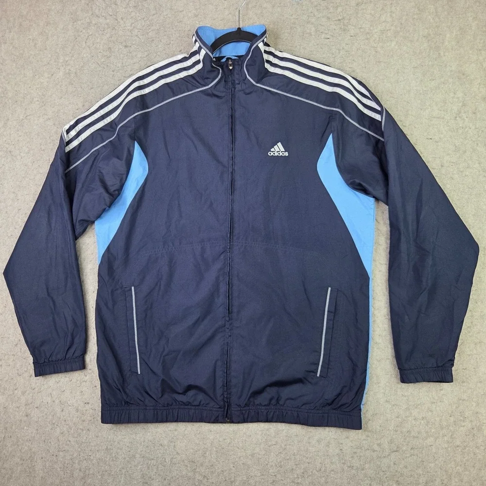 Adidas Windbreaker Track Jacket Mens‎ M Blue Striped Ful Zip Performance